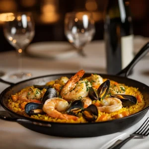 Elegant paella served on a formal dining table with white linens, featuring shrimp, mussels, and roasted vegetables