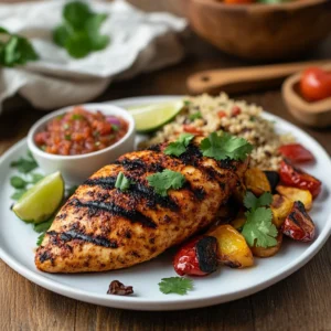 Grilled chipotle chicken breast garnished with cilantro and lime, served with quinoa and roasted vegetables on a white plate