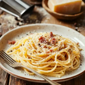 A plate of Spaghetti Carbonara with creamy sauce, crispy guanciale, grated Pecorino Romano, and cracked black pepper on a rustic wooden table.