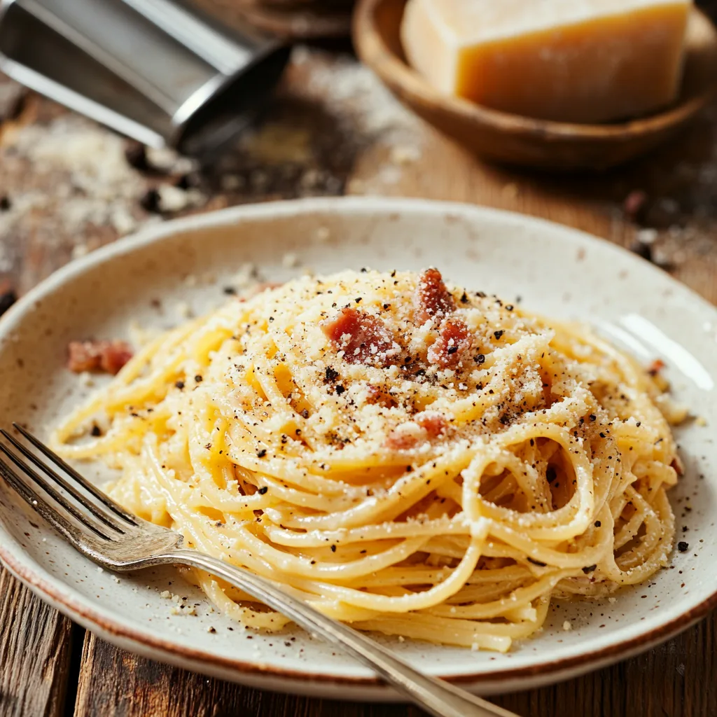 A plate of Spaghetti Carbonara with creamy sauce, crispy guanciale, grated Pecorino Romano, and cracked black pepper on a rustic wooden table.