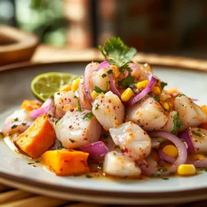Peruvian-style ceviche served with sweet potato slices and corn kernels on a white ceramic plate.