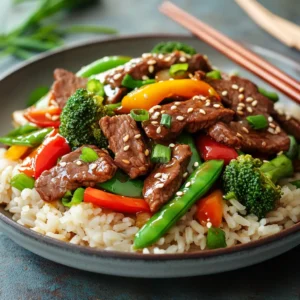 A plate of beef stir fry with vegetables served over brown rice, garnished with sesame seeds and green onions.