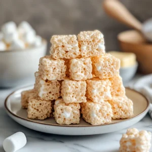Flat lay of ingredients for Rice Krispie treats: cereal, marshmallows, butter, and vanilla extract on a marble countertop.