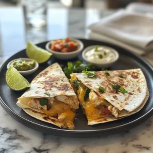 Sliced chicken quesadilla with melted cheese, garnished with cilantro and lime, served with dips on a marble countertop.