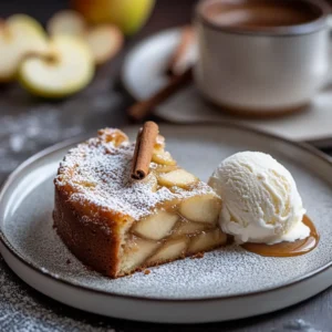 A slice of cinnamon apple cake with vanilla ice cream and caramel drizzle, served on a plate.