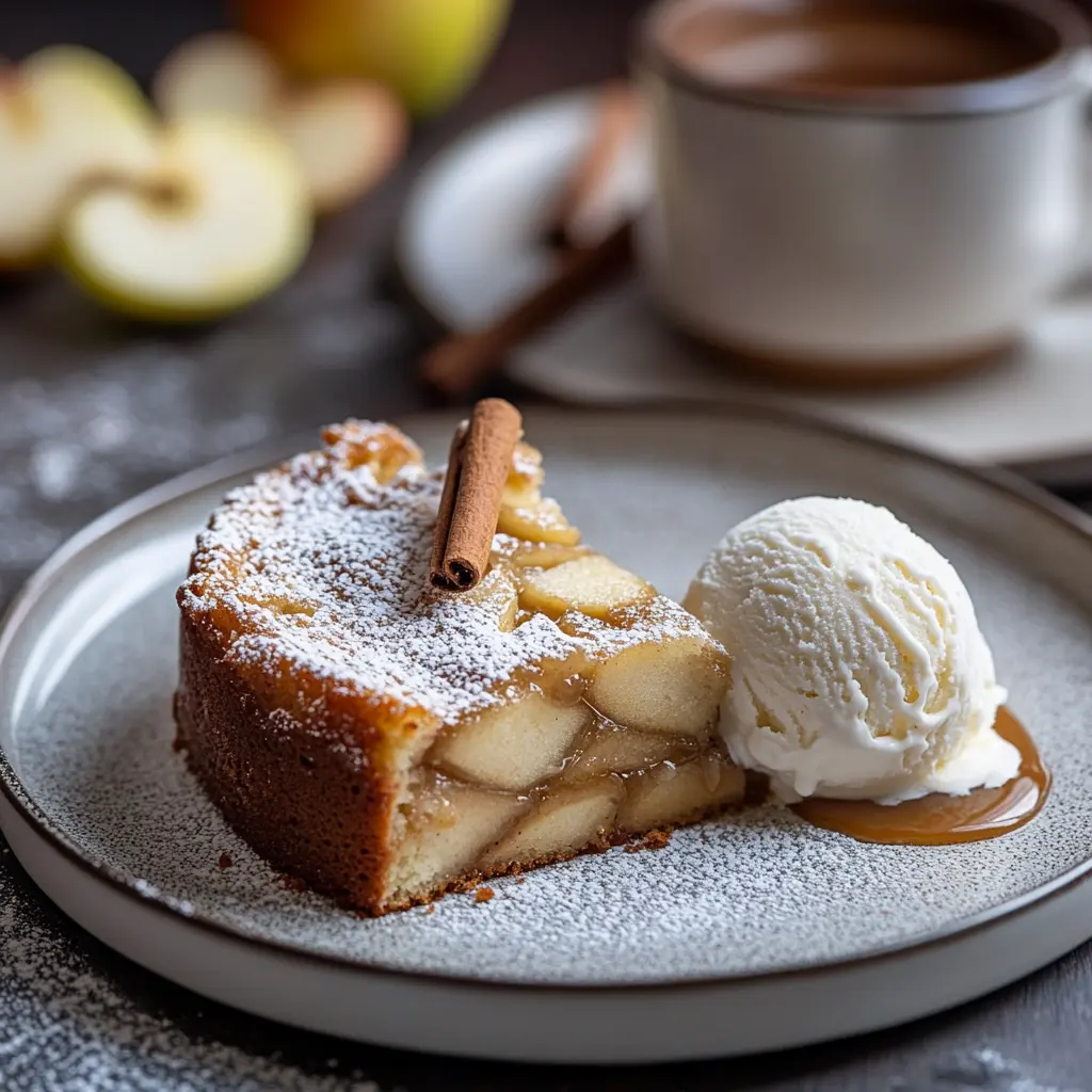 A slice of cinnamon apple cake with vanilla ice cream and caramel drizzle, served on a plate.