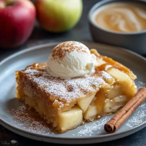 A slice of cinnamon apple cake with vanilla ice cream and caramel drizzle, served on a plate.