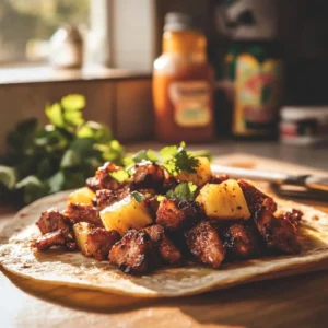 Assembling Tacos al Pastor on soft tortillas with cilantro, onions, and grilled pineapple.