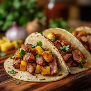 A taco night setup with a platter of Tacos al Pastor, bowls of salsa, lime wedges, and Mexican rice.