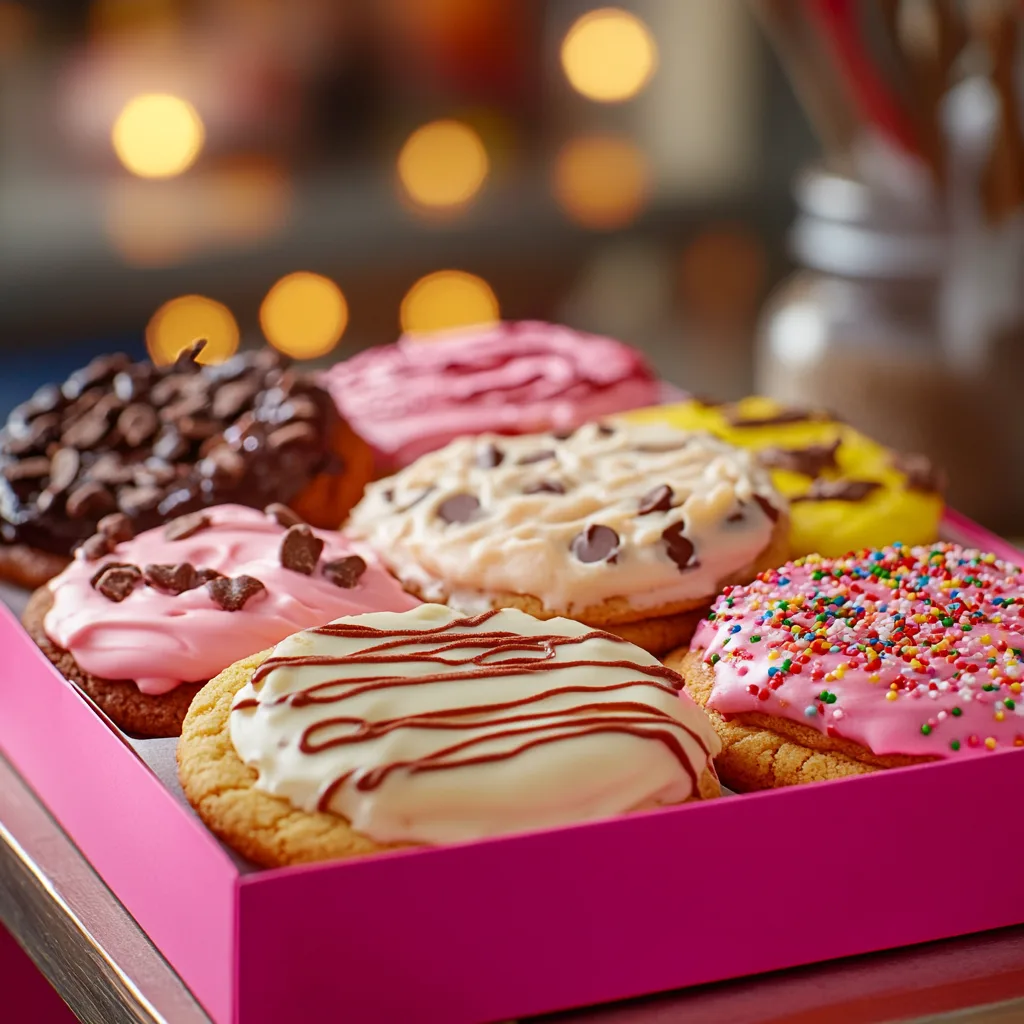 A pink box filled with freshly baked Crumbl Cookies in various flavors, including chocolate chip, churro, and red velvet, set in a cozy kitchen.