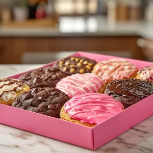 A pink box filled with freshly baked Crumbl Cookies in various flavors, including chocolate chip, churro, and red velvet, set in a cozy kitchen.