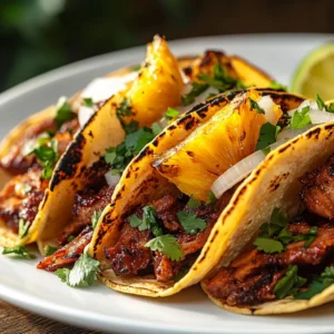 Three Tacos al Pastor served with fresh cilantro, onions, and a slice of grilled pineapple on a white plate
