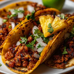 Three Tacos al Pastor served with fresh cilantro, onions, and a slice of grilled pineapple on a white plate.