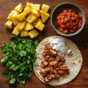 Essential ingredients for Tacos al Pastor laid out on a wooden kitchen countertop, including marinated pork, pineapple, cilantro, onions, and tortillas.