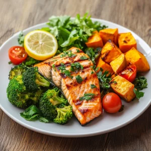 A balanced plate featuring grilled salmon, roasted sweet potatoes, steamed broccoli, and mixed greens with cherry tomatoes, garnished with lemon and olive oil.