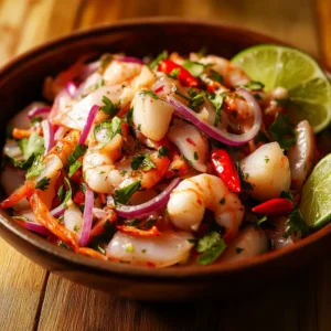 Fresh ceviche with marinated seafood, red onions, chili peppers, and cilantro, served in a ceramic bowl with lime wedges on a wooden table.