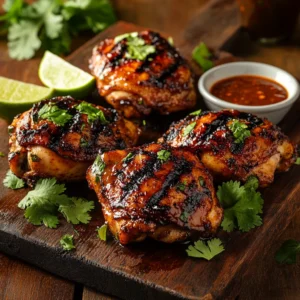 Grilled chipotle-style chicken garnished with cilantro and lime, served with a bowl of chipotle marinade on a rustic wooden board.