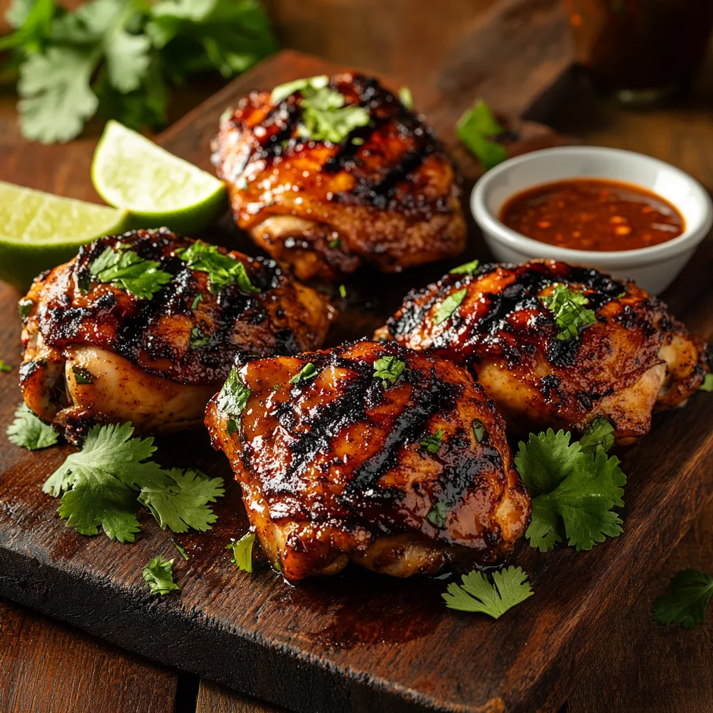 Grilled chipotle-style chicken garnished with cilantro and lime, served with a bowl of chipotle marinade on a rustic wooden board.