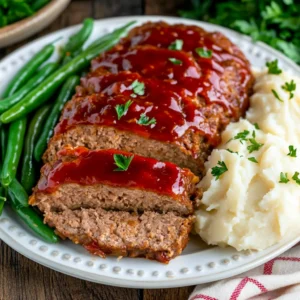 Traditional meatloaf topped with ketchup glaze, served with mashed potatoes and green beans on a white ceramic plate