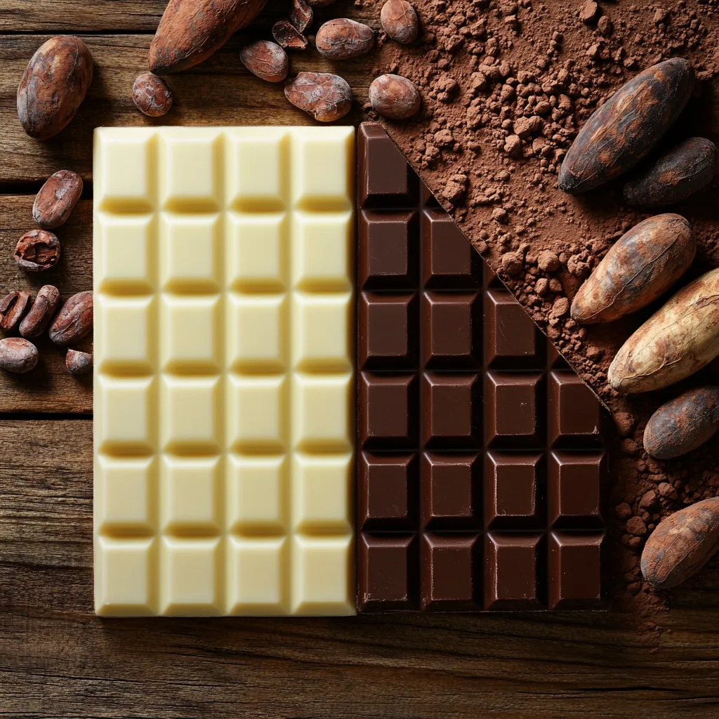A comparison of white chocolate and regular chocolate, with creamy white chocolate bars and dark chocolate squares on a rustic wooden table.