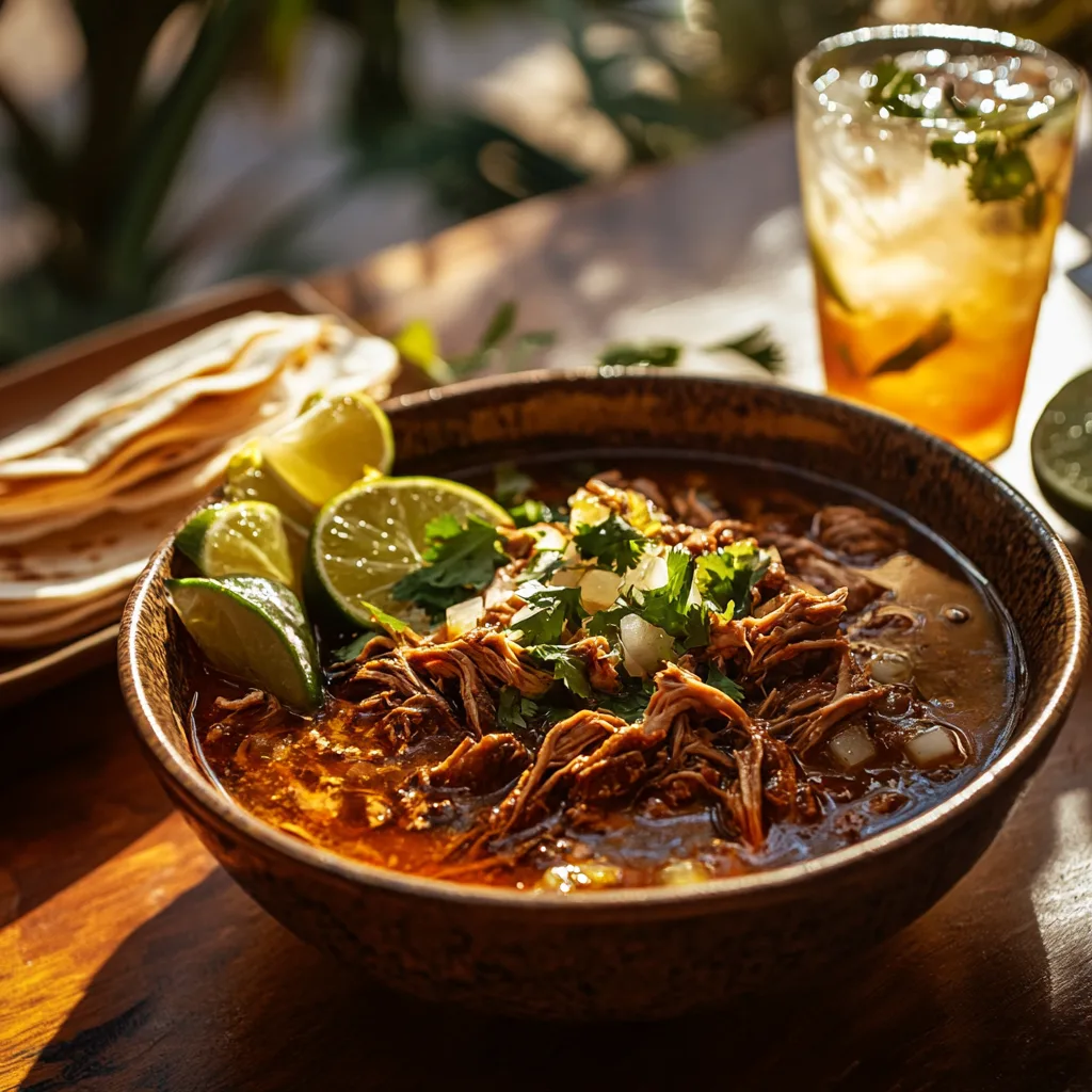 Jalisco-style birria served with consommé, handmade corn tortillas, and lime wedges.
