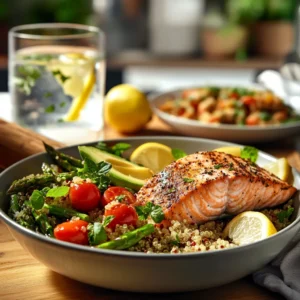 A colorful spread of healthy recipes, including quinoa salad, grilled salmon, roasted asparagus, and infused water with lemon and mint