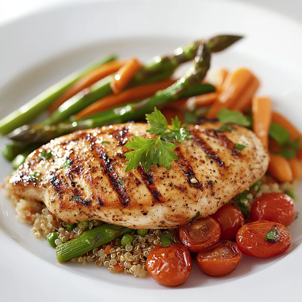 Grilled chicken breast with fresh herbs, roasted vegetables, and a side of quinoa served on a white plate