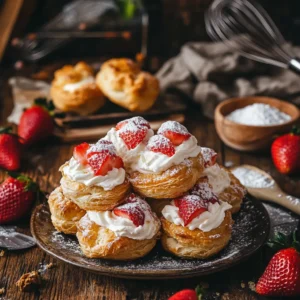 A stack of strawberries & cream pastry puffs on a plate, garnished with chocolate drizzle and a mint sprig.