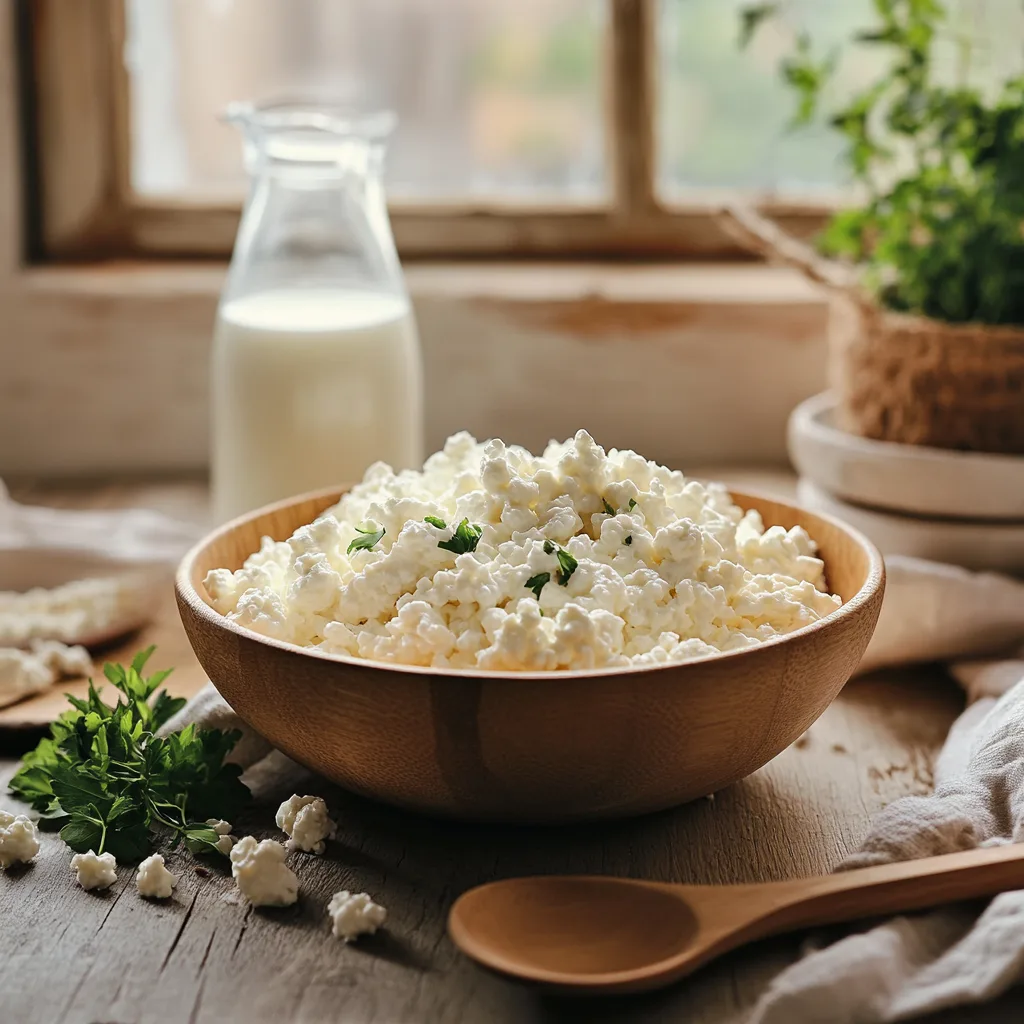 A bowl of fresh cottage cheese with small curds on a rustic wooden countertop, surrounded by milk and herbs.