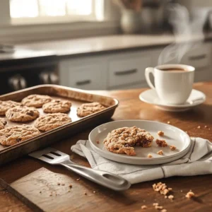 Rustic kitchen scene with freshly baked Toll House cookies on a tray and a cup of coffee