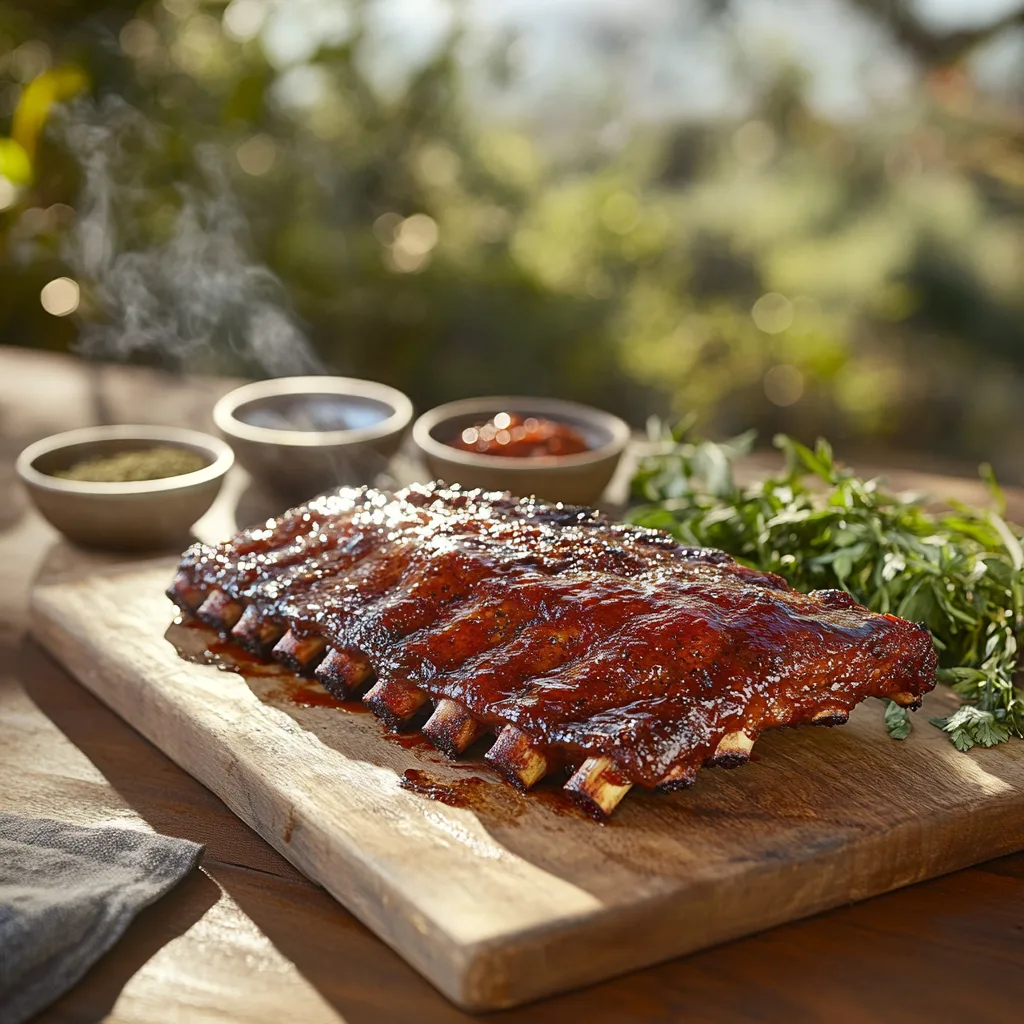 A rack of glazed beef ribs on a wooden board with BBQ sauce and spices in a rustic BBQ setting