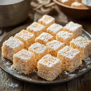 A platter of golden marshmallow Rice Krispie treats with powdered sugar on a rustic table
