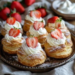 A plate of strawberries & cream pastry puffs on a rustic countertop with strawberries and powdered sugar in the background