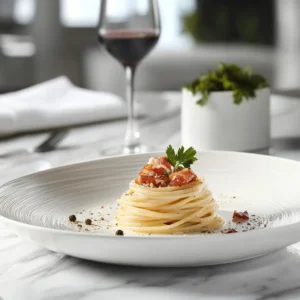 Individually plated Spaghetti Carbonara with creamy sauce, crispy guanciale, Pecorino Romano, and black pepper on a modern white plate.