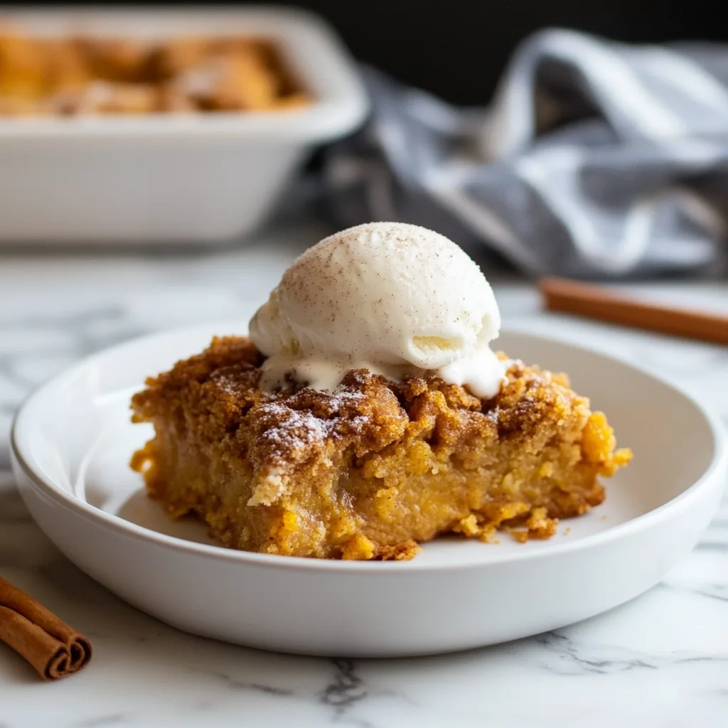 Freshly baked pumpkin dump cake with a golden topping in a rustic dish on a marble countertop, surrounded by cozy fall kitchen elements