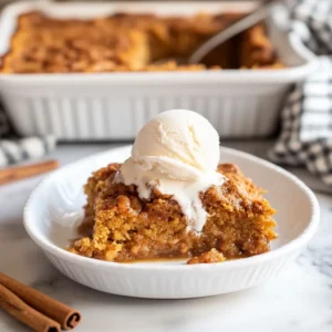 A serving of pumpkin dump cake with vanilla ice cream on a white plate, set against a warm, cozy kitchen background
