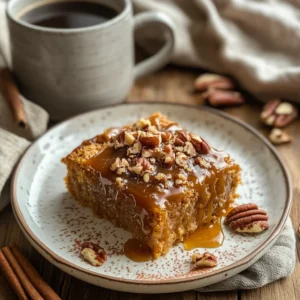 A slice of pumpkin dump cake drizzled with caramel sauce on a plate, with coffee and fall accents in the background