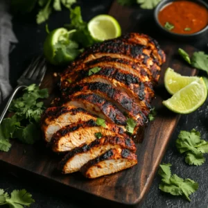 Sliced chipotle chicken with char marks on a cutting board, garnished with lime and cilantro