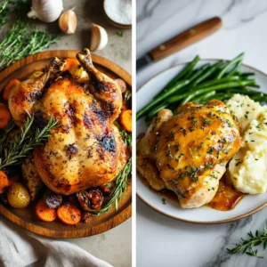 Whole roasted chicken with golden skin on a wooden board and baked chicken thighs in a ceramic dish with herbs and natural lighting