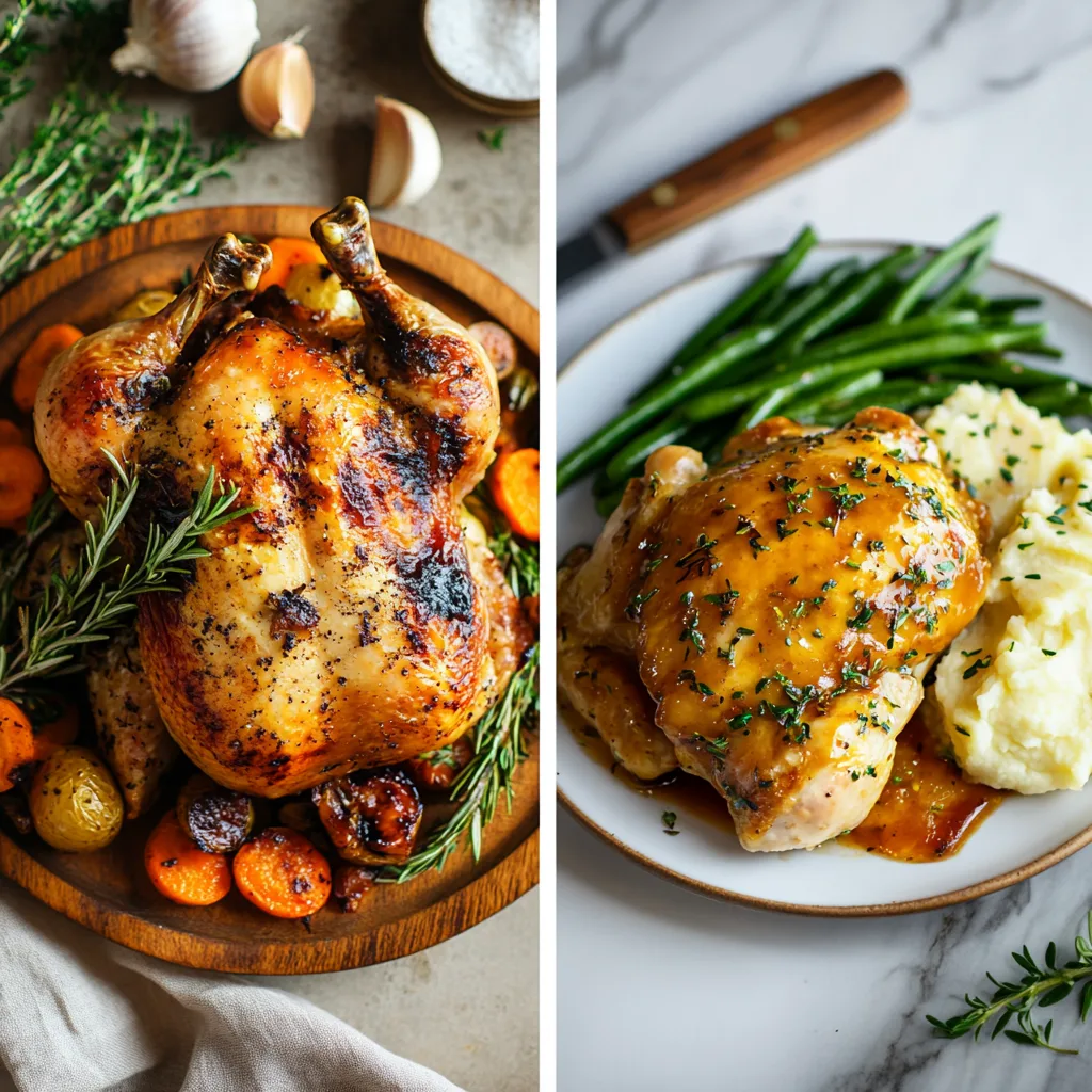 Whole roasted chicken with golden skin on a wooden board and baked chicken thighs in a ceramic dish with herbs and natural lighting