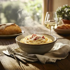 Family-style Spaghetti Carbonara served in a rustic dish with guanciale, Pecorino Romano, and white wine on a wooden table.