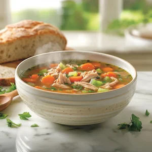 A bowl of turkey soup with carrots, celery, and shredded turkey, garnished with parsley, placed on a marble countertop with a rustic kitchen setting