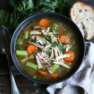 A bowl of turkey soup with shredded turkey, carrots, and celery, garnished with parsley, served with crusty bread on a rustic wooden table