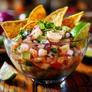 Mexican-style ceviche with shrimp, tomato, avocado, and tortilla chips served in a glass bowl