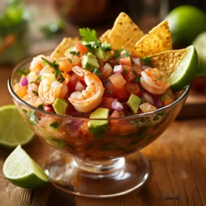 Mexican-style ceviche with shrimp, tomato, avocado, and tortilla chips