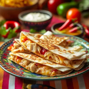 Colorful chicken quesadillas with melted cheese, served with dips in a vibrant Mexican-themed setting.