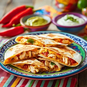 Sliced chicken quesadilla with melted cheese, garnished with cilantro and lime, served with dips on a marble countertop.