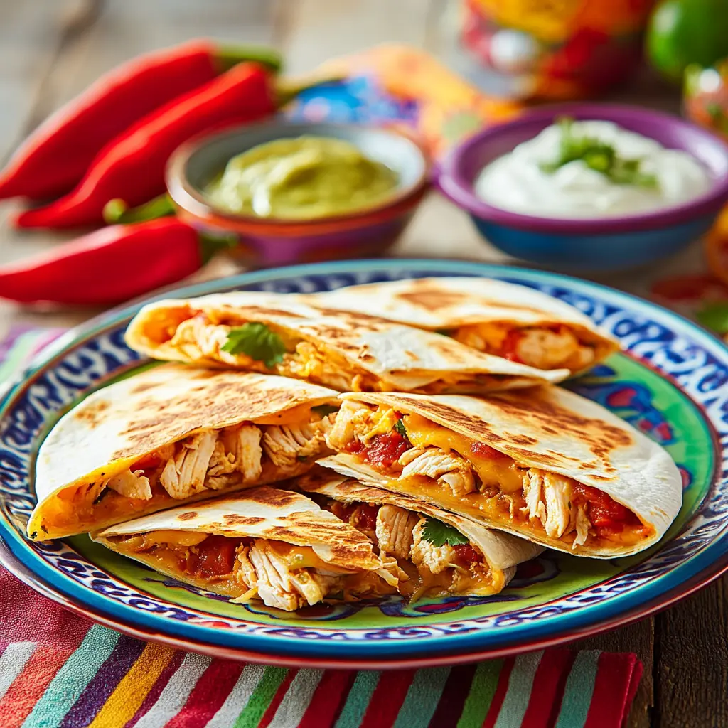Sliced chicken quesadilla with melted cheese, garnished with cilantro and lime, served with dips on a marble countertop.