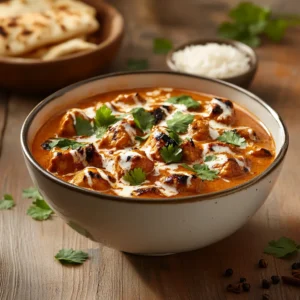 Chicken Tikka Masala served in a rustic ceramic bowl, garnished with cilantro and cream, with naan bread and basmati rice in the background.