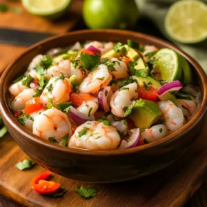 Fresh ceviche with fish and shrimp, garnished with cilantro, red onion, and avocado in a rustic kitchen setting.